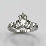 1ct Heart Cut VVS1 Diamond Engagement Ring Claddagh Design 14k White Gold Finish