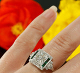 1.5ct Round Cut Diamond Emerald Art Deco Engagement Ring 18k White Gold Finish