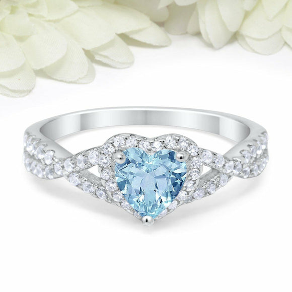 3.5Ct Heart Cut Blue Aquamarine Split Band Engagement Ring 14K White Gold Finish