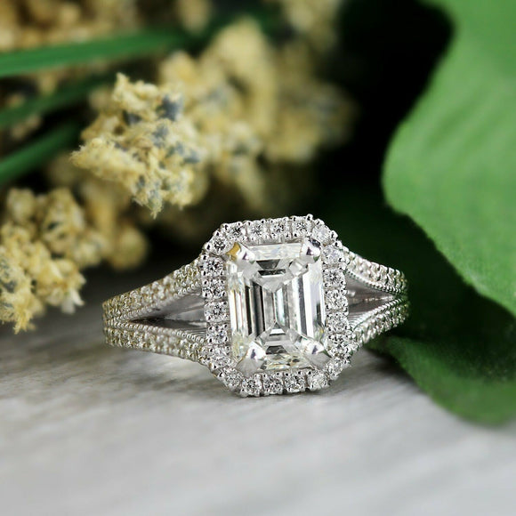 4Ct Emerald Cut Diamond Halo Engagement Ring 14K White Gold Finish Split Shank