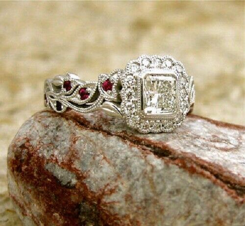 2Ct Cushion Cut Diamond Ruby Vintage Halo Engagement Ring 14K White Gold Finish