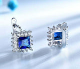 2.3ct Drop Earrings Princess Cut Blue Sapphire Halo Floral 14k White Gold Finish