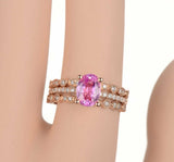 3ct Oval Cut Pink Sapphire Trio Set Wedding Engagement Ring 18k Rose Gold Finish