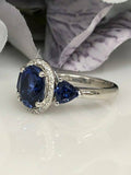 2ct Oval Cut Blue Sapphire 3 Stone Halo Engagement Ring 14k White Gold Finish