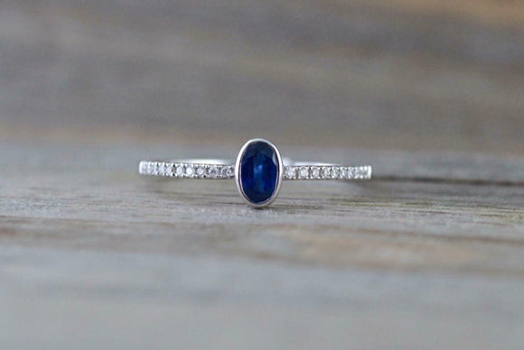 1ct Oval Cut Blue Sapphire Engagement Ring 14k White Gold Finish Diamond Accents