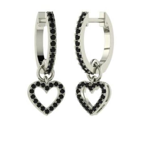 2ct Round Cut Black Diamond Heart Drop Hoop Style Earrings 14k White Gold Finish