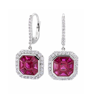 6Ct Asscher Cut Pink Ruby Diamond Art Deco Drop Earrings 14K White Gold Finish