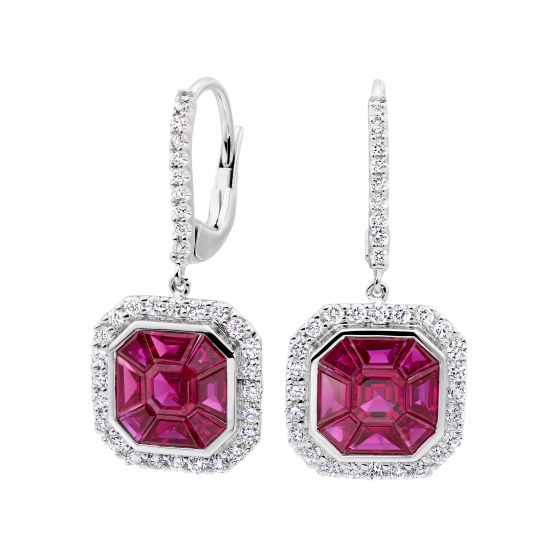 6Ct Asscher Cut Pink Ruby Diamond Art Deco Drop Earrings 14K White Gold Finish