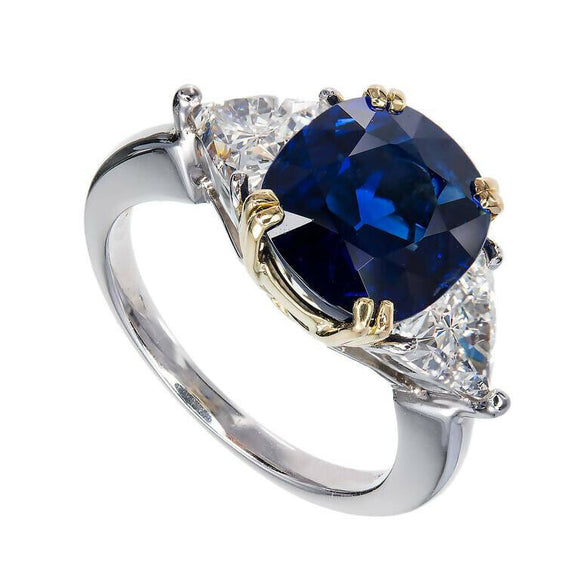 2.6ct Cushion Cut Blue Sapphire Engagement Ring Trilogy 14k Dual Gold Finish