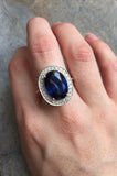 2.5ct Oval Cut Blue Sapphire Diamond Halo Engagement Ring 18k White Gold Finish