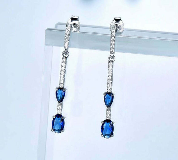 2ct Drop Earrings Oval Pear Cut Blue Sapphire Dangling Bar 14k White Gold Finish