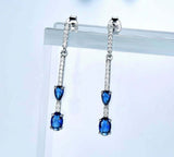 2ct Drop Earrings Oval Pear Cut Blue Sapphire Dangling Bar 14k White Gold Finish