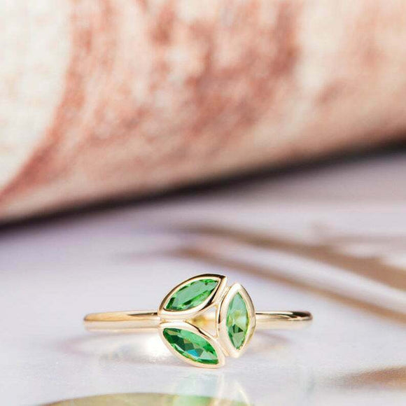 1.2ct Marquise Cut Green Emerald 3 Stone Leaf Design Ring 14k Yellow Gold Finish