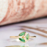 1.2ct Marquise Cut Green Emerald 3 Stone Leaf Design Ring 14k Yellow Gold Finish