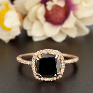 1.5ct Cushion Black Diamond Engagement Ring 14k Rose Gold Finish Halo Stackable