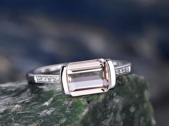 1Ct Emerald Cut Peach Morganite Solitaire Engagement Ring 18K White Gold Finish