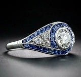 5Ct Round Cut Diamond Blue Sapphire Art Deco Engagement Ring 14K White Gold Over