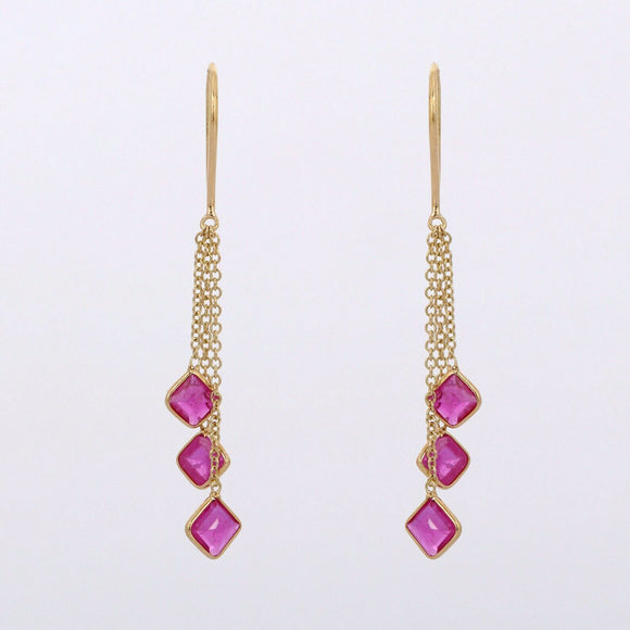 2ct Drop Earrings Cushion Cut Pink Ruby Dangling Chain 14k Yellow Gold Finish