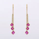 2ct Drop Earrings Cushion Cut Pink Ruby Dangling Chain 14k Yellow Gold Finish