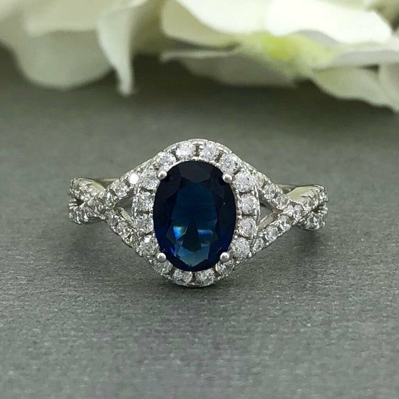 2ct Oval Cut Blue Sapphire Halo Infinity Engagement Ring 14k White Gold Finish