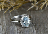 2ct Oval Cut Blue Aquamarine Engagement Ring 14k White Gold Finish Halo Promise