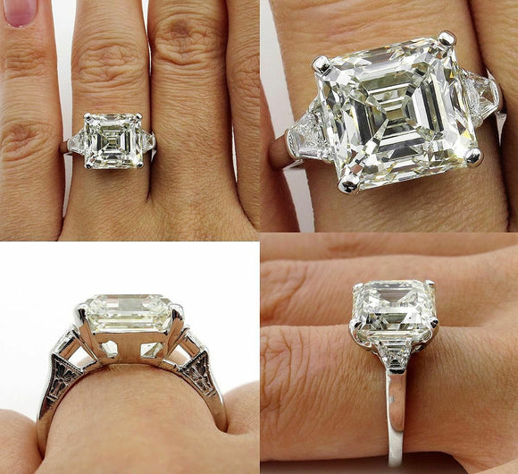 4Ct Asscher Cut Diamond Trilogy Solitaire Engagement Ring 14K White Gold Finish