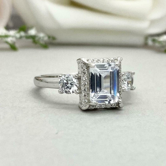 2.7ct Engagement Ring Emerald Cut Diamond Halo Solitaire 14k White Gold Finish