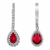 3Ct Pear Cut Pink Ruby Halo Vertical Bar Drop Earrings 14K White Gold Finish