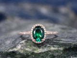 1.1Ct Oval Cut Green Emerald Solitaire Halo Engagement Ring 14K Rose Gold Finish