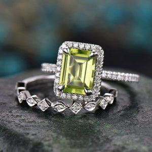 3Ct Emerald Cut Green Peridot Halo Bridal Set Vintage Band 14K White Gold Finish