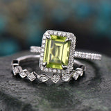 3Ct Emerald Cut Green Peridot Halo Bridal Set Vintage Band 14K White Gold Finish