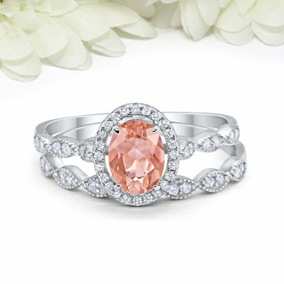 2.5ct Oval Peach Morganite Engagement Ring Bridal Set Halo 14k White Gold Finish