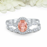 2.5ct Oval Peach Morganite Engagement Ring Bridal Set Halo 14k White Gold Finish