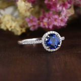 2ct Round Blue Sapphire Diamond Accents Halo Engagement Ring 14k White Gold Over