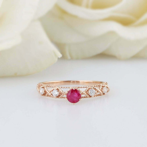 1ct Round Pink Ruby Engagement Ring Milgrain Diamond Accents 14k Rose Gold Over