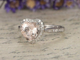 2ct Heart Cut Peach Morganite Engagement Ring Diamond Halo 14k White Gold Finish