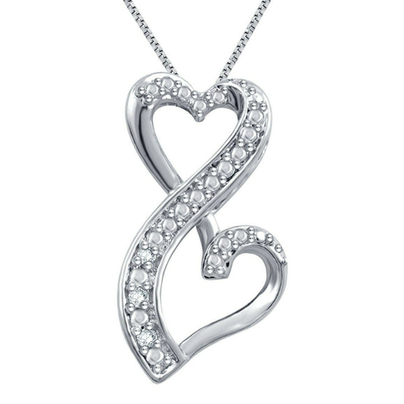 0.1ct Round Cut VVS1D Diamond Pendant Double Heart Design 14k White Gold Finish