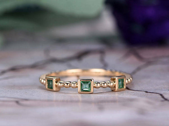 1ct Princess Cut Green Emerald Wedding Band Square Beaded 14k Yellow Gold Finish