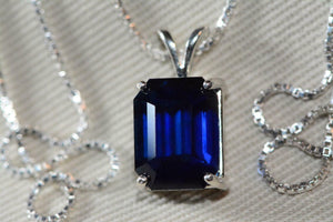 5ct Blue Sapphire Pendant Emerald Cut Solitaire 14k White Gold Finish NO CHAIN