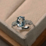 2ct Oval Cut Blue Aquamarine Heart Shape Round Accent Ring 14k White Gold Finish