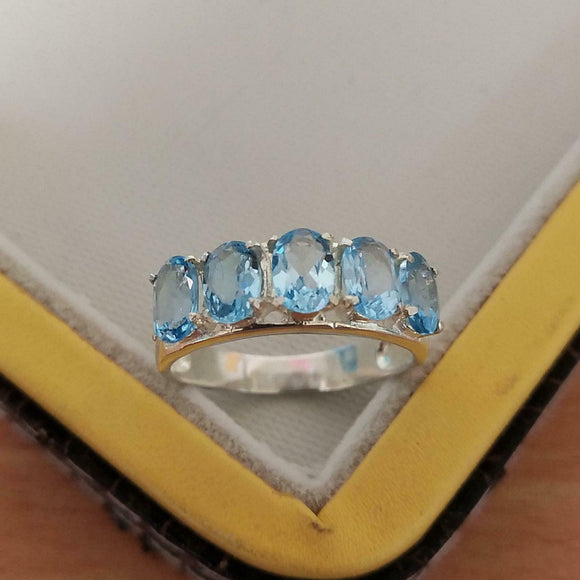 2.5ct Wedding Ring Band Oval Cut Blue Aquamarine Five Stone 14k WhiteGold Finish