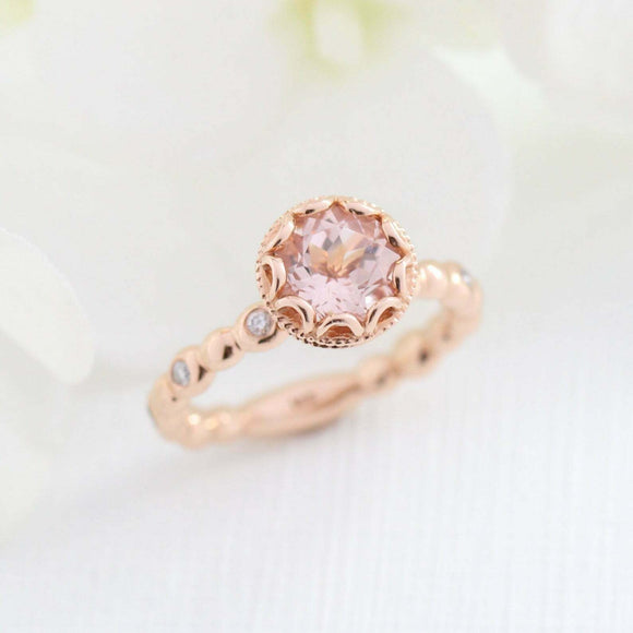 1.5ct Round Cut Peach Morganite Diamond Accents Floral Ring 14k Rose Gold Finish