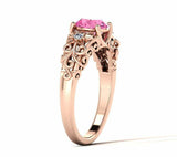 1.6ct Round Cut Pink Sapphire Floral Filigree Solitaire Ring 14k RoseGold Finish