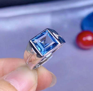 2.6ct Princess Cut Blue Topaz Stylish Engagement Men Ring 14k White Gold Finish