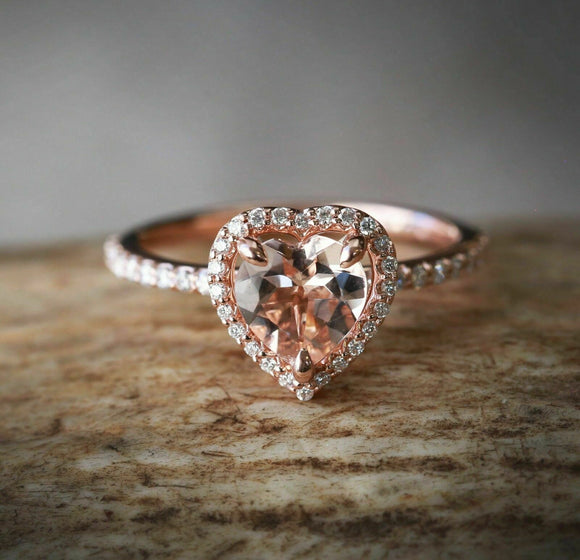 1.5ct Heart Cut Peach Morganite Engagement Ring 14k RoseGold Over Halo Solitaire