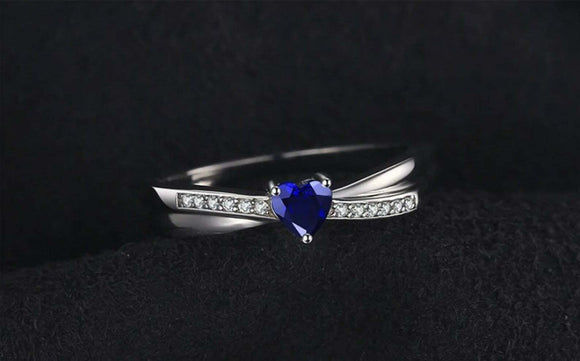 0.65ct Engagement Ring Heart Cut Blue Sapphire Split Band 14k White Gold Finish