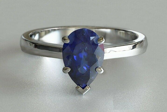 1.2ct Pear Cut Blue Sapphire Engagement Ring Solitaire 14k White Gold Finish