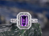 4ct Emerald Cut Purple Amethyst Double Halo Split Shank Ring 14k White Gold Over