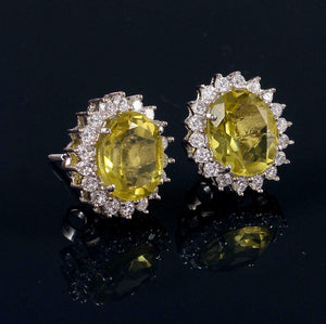 3.5ct Stud Earrings Oval Cut Yellow Sapphire Halo Floral 14k White Gold Finish