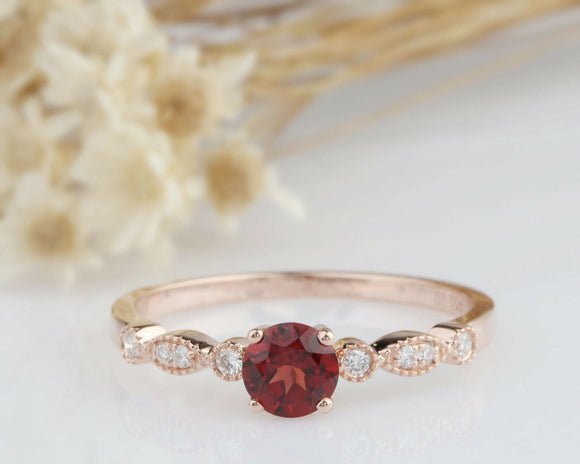 1ct Round Cut Red Garnet Engagement Ring Solitaire with Accent 14k RoseGold Over